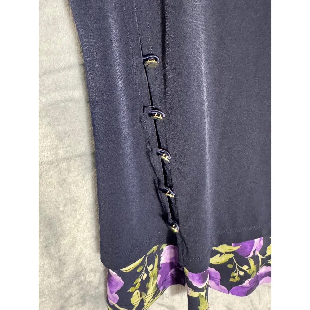 Susan Graver Navy Blue Floral Trim Long Sleeve Top Gold Button Detail Large